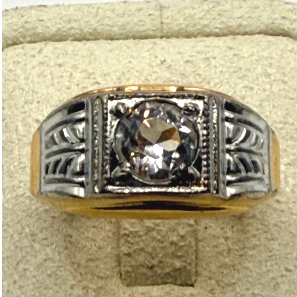 Vintage 18K Gold Plated HGE Signet Ring Clear Stone Etched Size 8